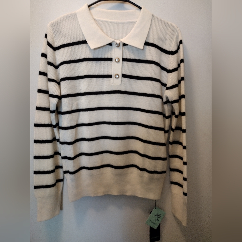 Women’s White & Black Striped Polo Sweater